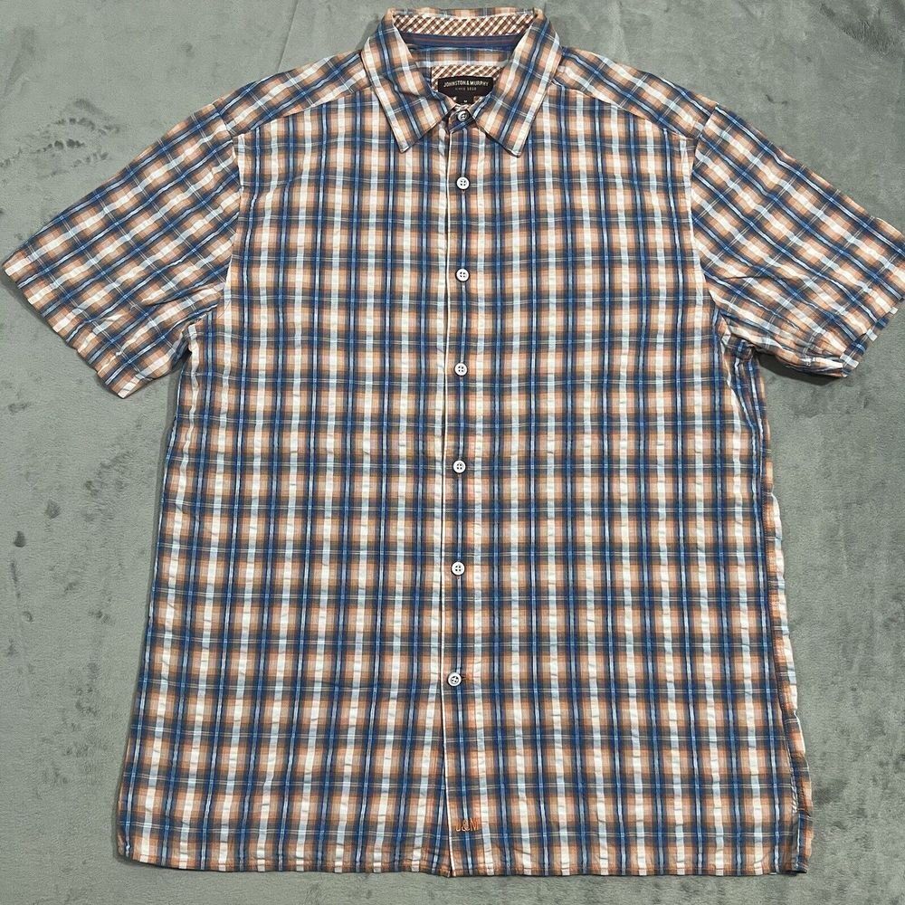 Johnston And Murphy Plaid Button‎ Up Shirt Mens Medium M Blue Orange Seersucker